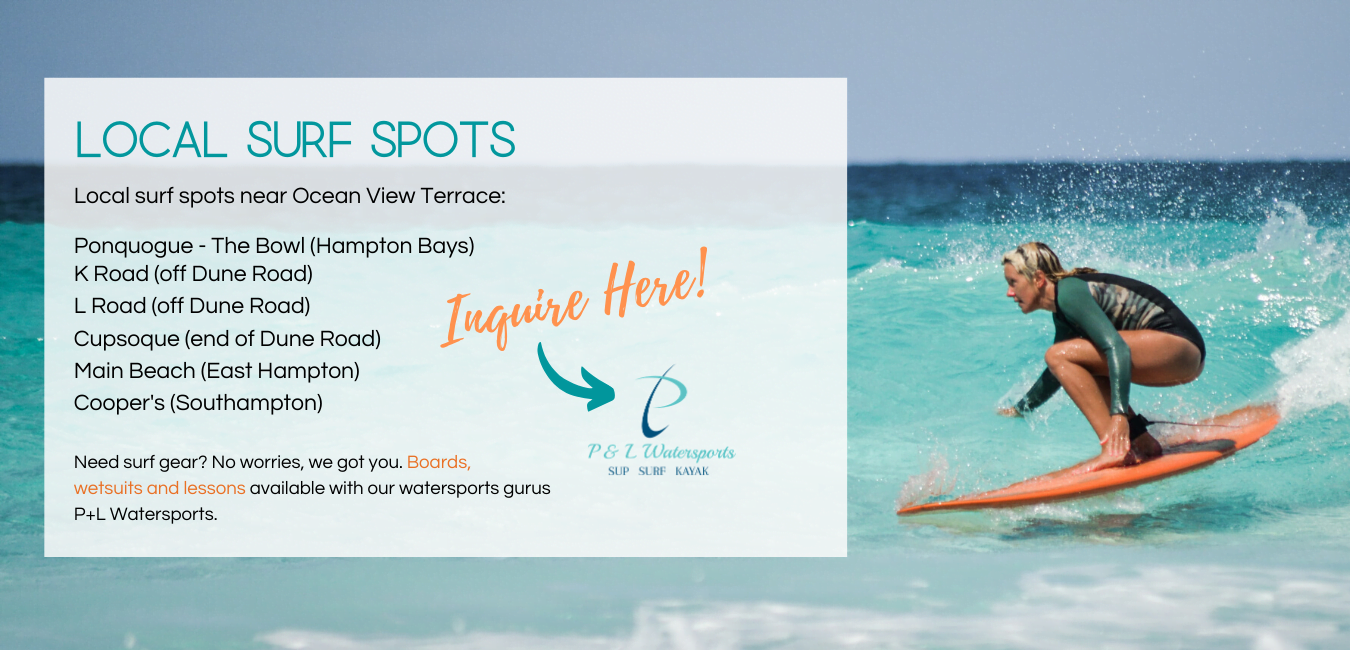 Local surf spots near ocean view terrace with lessons and surf gear rentals